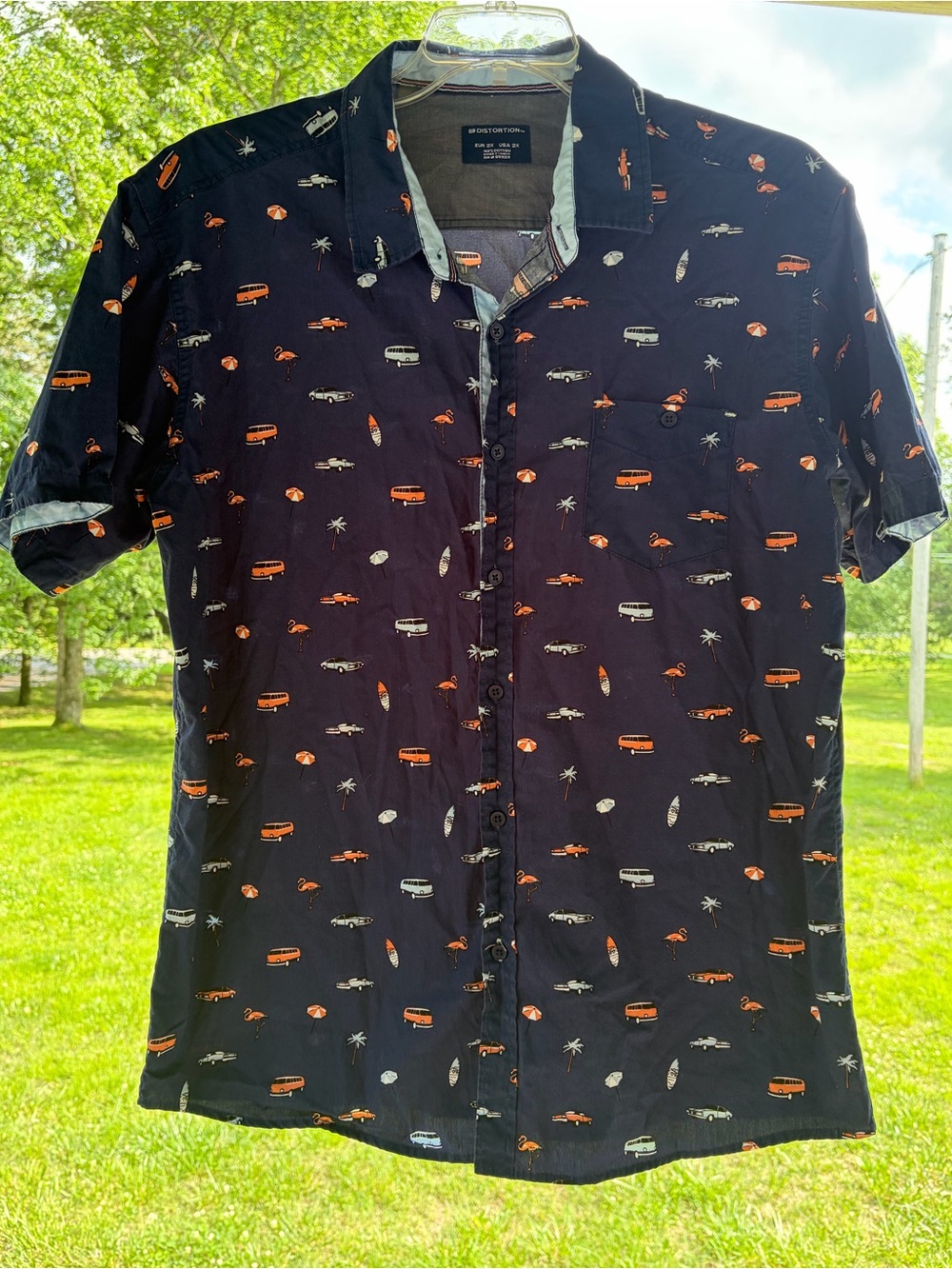 Distortion Short-Sleeve Navy Casual Button-Down Shirt with Orange Surf Motifs XL